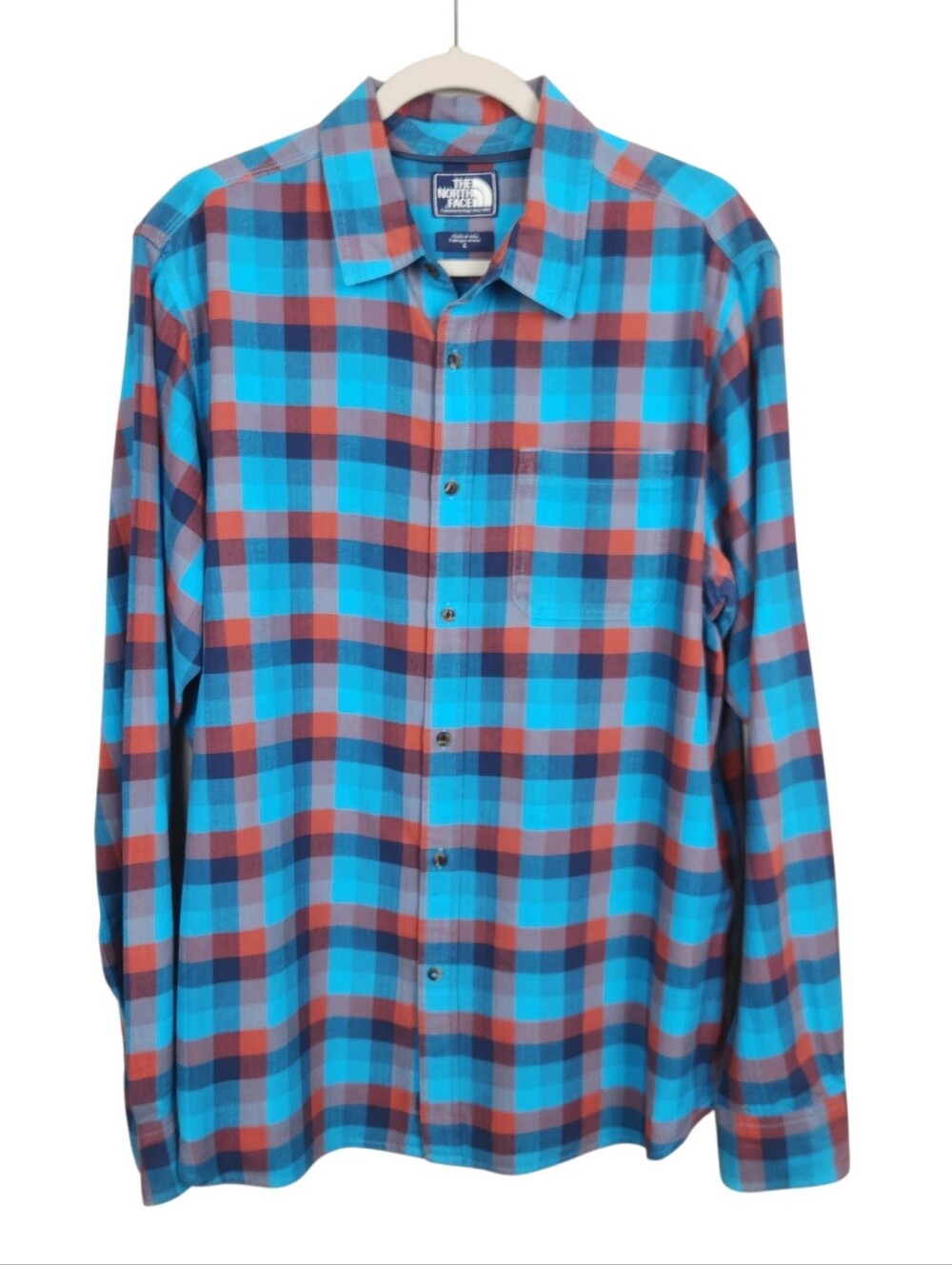 The North Face Men's Turquoise Blue Orange Plaid Button Down Shirt Size Large